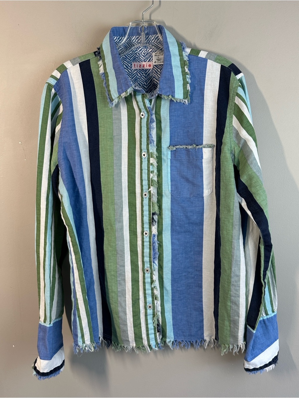 Tizzie Long Sleeve Linen Blend Blue Green Striped Distressed Fringe Shirt Size L